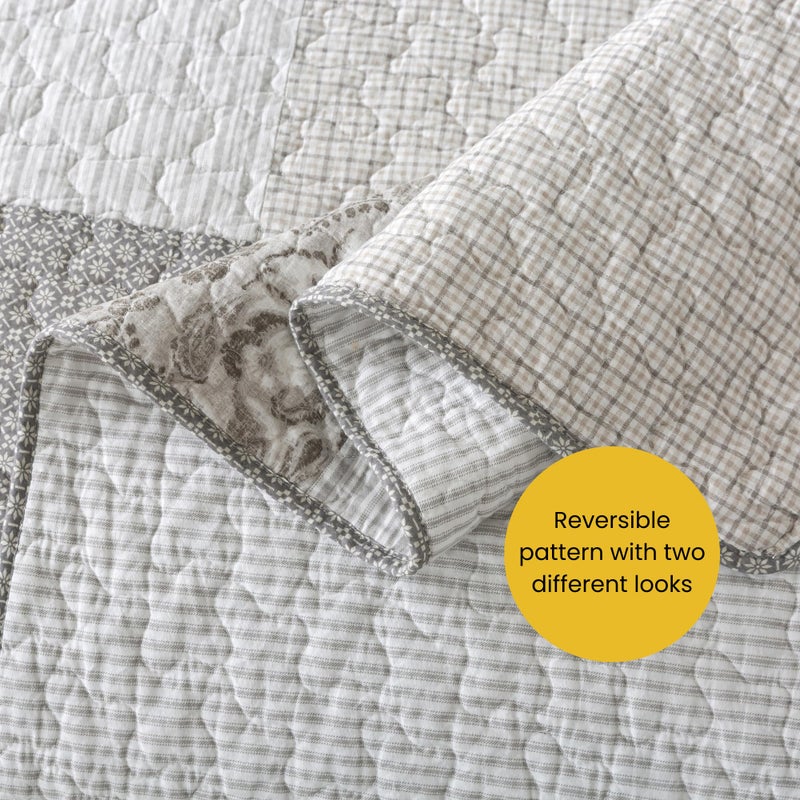 SLPR Silver Linings Cotton Quilt Set - Queen Size with 2 Shams, Neutral Pieced Patchwork Design, Country Silver Gray Quilted Comforter, Lightweight Summer Farmhouse Bedspread - Image 5